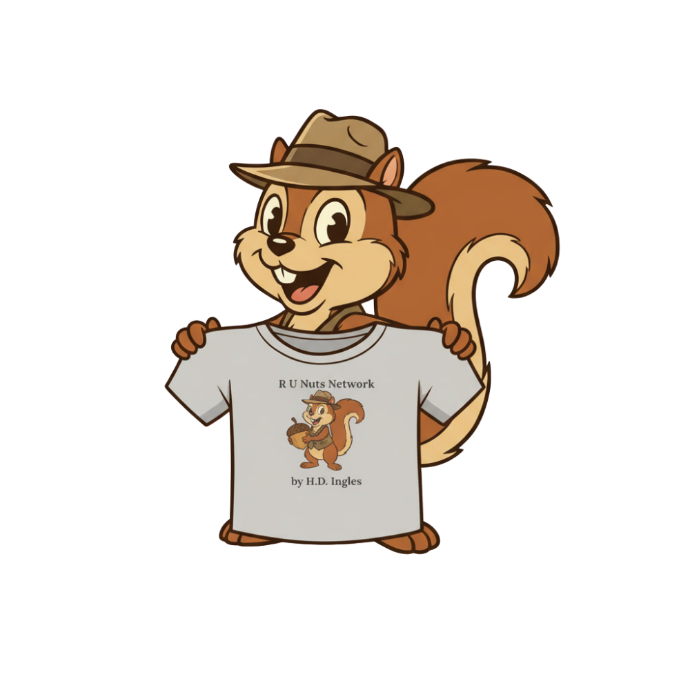 Chipper the Squirrel holding up a Chipper tee